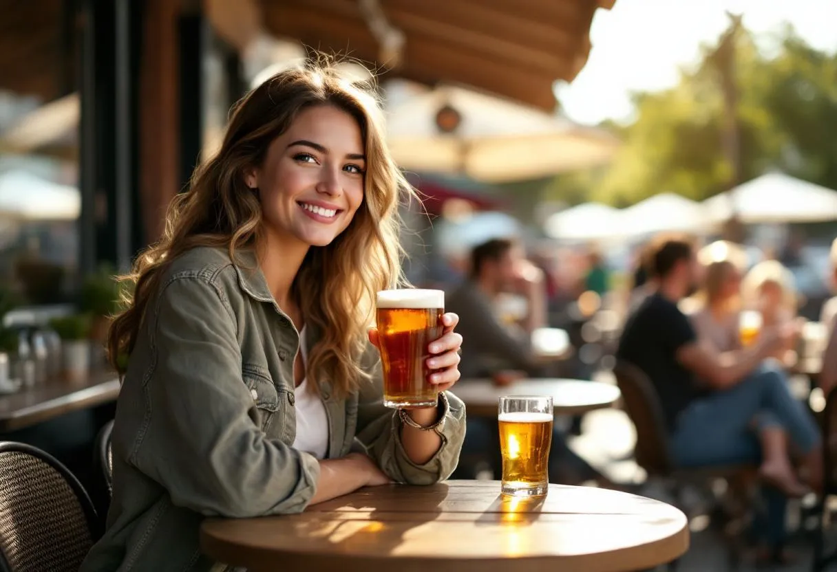 Een vrolijke jonge vrouw in een café in Kortrijk tapt een pint met een glimlach, terwijl klanten op het terras genieten van de zon.